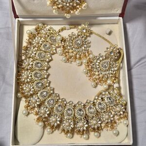 $100 Indian gold, pearl, and kundan necklace set with earrings & tikka